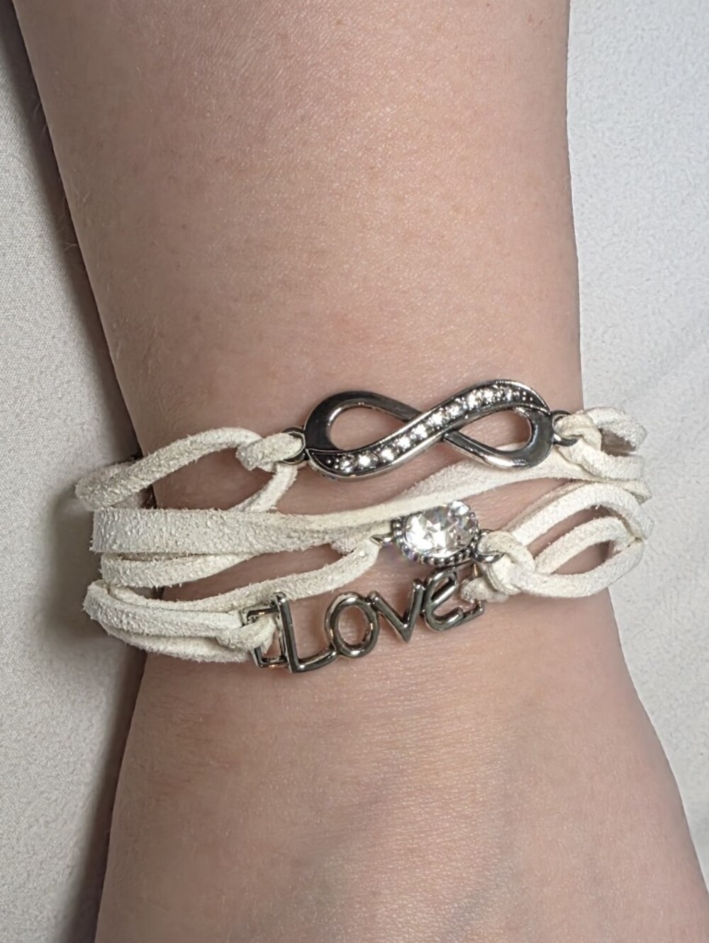 Infinity Crystal "Love" Wrap Faux Leather Bracelet in Cream